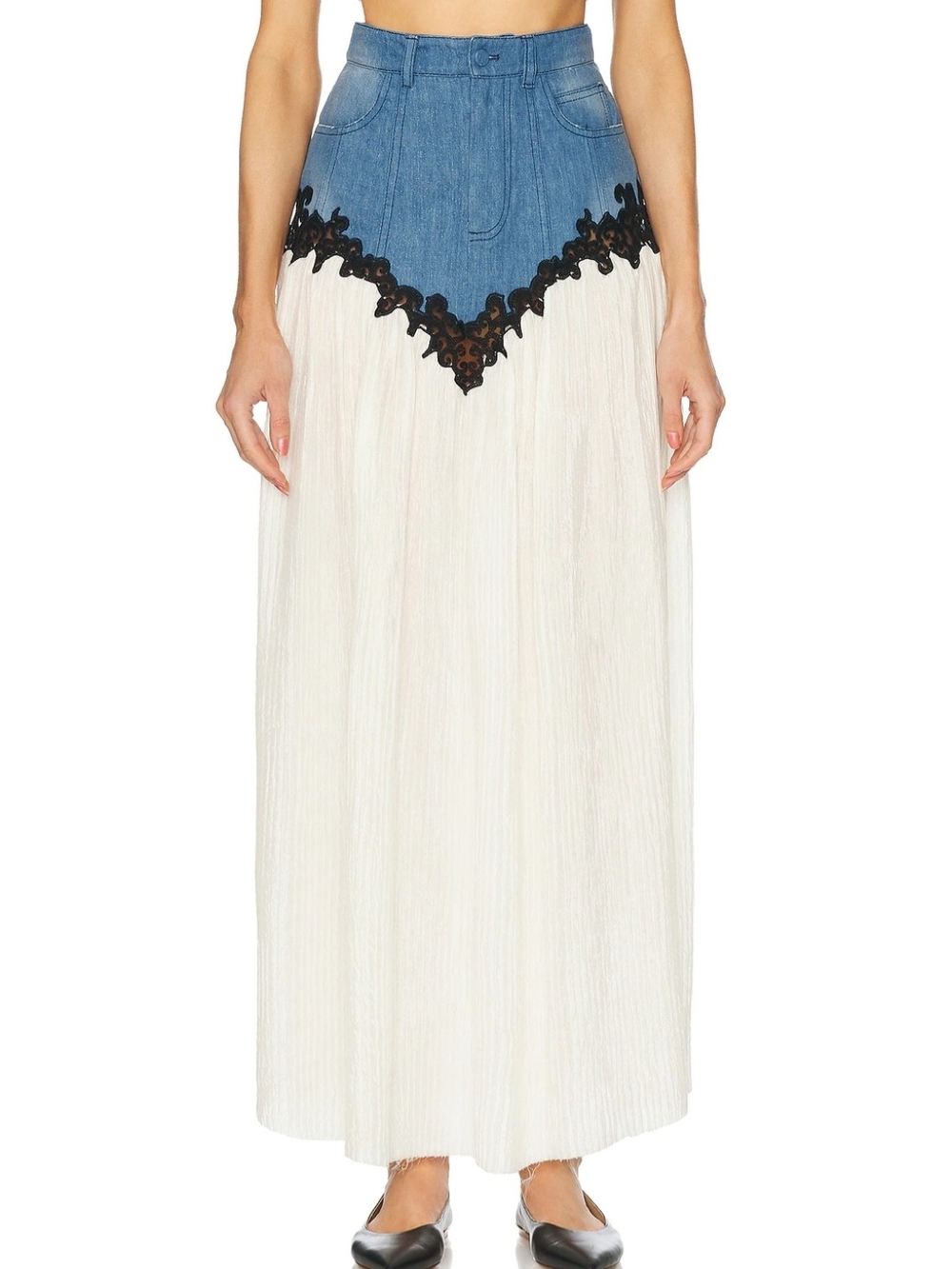 Gabriela Hearst Denim-Top White Maxi Skirt with Black Lace V-Detail